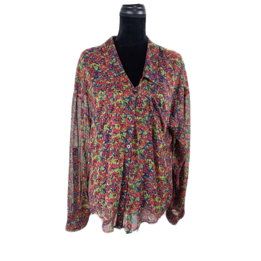 Free People Womens L Flowy Flowery Semi Sheer Button Shirt/Tunic - Picture 5 of 7